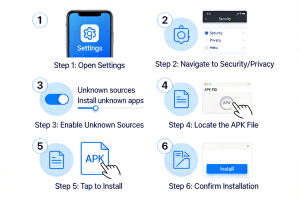 Android 기기에서 알 수 없는 출처 설치 허용 및 APK 파일 설치 과정을 보여주는 단계별 가이드 이미지