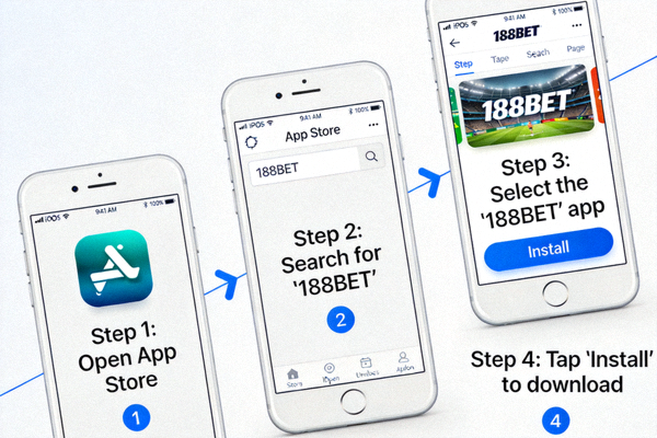 iOS 기기에서 App Store를 통해 188BET 앱을 검색하고 설치하는 과정을 보여주는 단계별 가이드 이미지