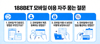 188BET 모바일 이용과 관련된 자주 묻는 질문들을 모아놓은 이미지