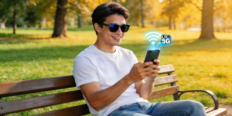 공원에서 스마트폰으로 강한 신호를 받으며 인터넷을 사용하는 사람